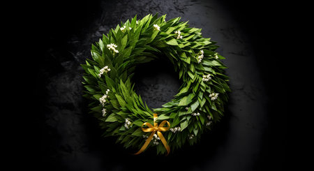 A vibrant green laurel wreath, a symbol of victory and honor, is adorned with small white flowers and tied with an elegant golden ribbon. The wreath is beautifully displayed in the center of a dark, textured black background.の素材