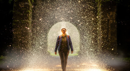 A woman stands confidently in a dramatic scene, walking forward as she is showered by a brilliant explosion of golden sparks and light. Set against a dark background with stone pillars, the image evokes themes of magic, power, celebration, and a breakthrough moment.の素材