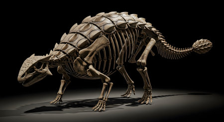 A complete and detailed skeleton of an Ankylosaurus is displayed against a solid dark background. The fossil showcases the dinosaur's iconic armored plates, bony structure, and clubbed tail. This scientifically accurate representation is perfect for museums, educational materials, and paleontological studies.の素材