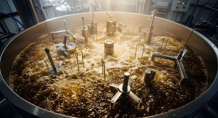Inside a brewery, a large stainless steel tank is filled with hot, bubbling wort during the beer-making process. Steam rises from the amber liquid as industrial mixers agitate the brew, highlighting the craft and science of fermentation and alcohol production.の素材