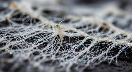 An extreme close-up macro photograph reveals the intricate, web-like structure of a white mycelium network. The delicate fungal threads, covered in tiny dew drops, spread across a dark surface, showcasing the beauty and complexity of nature's fungal kingdom.の素材