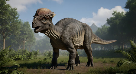 A Pachycephalosaurus, the thick-headed dinosaur, stands in a lush, prehistoric jungle environment. This scientifically accurate, realistic 3D rendering depicts the herbivorous creature in its natural habitat during the Cretaceous period.の素材