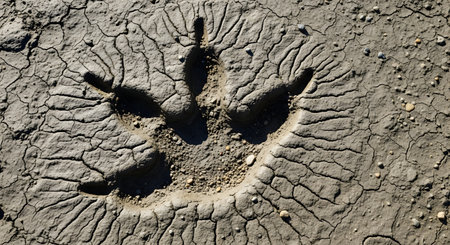 A clear, three-toed dinosaur footprint is fossilized in sun-baked, cracked mud. The detailed impression in the dry earth serves as a powerful symbol of prehistory, paleontology, and the long-lost era of dinosaurs.の素材