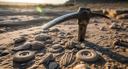 A geological pickaxe stands in the rocky ground at a dig site, surrounded by a collection of well-preserved ammonite and other marine fossils. The warm light of sunrise or sunset illuminates the scene, highlighting the tools of a paleontologist and the thrill of discovering ancient life. This image symbolizes paleontology, geology, and scientific exploration.の素材