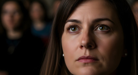 A compelling close-up portrait of a woman with a focused and emotional expression, sitting in a dimly lit audience. Her eyes are wide and directed upwards, completely captivated by a performance, speech, or film happening off-screen. This image powerfully conveys engagement, concentration, and profound emotional reaction.の素材