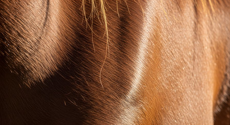 A detailed close-up of a horse's sleek, shiny brown coat, with sunlight highlighting the fine texture of the hair and the powerful muscles underneath. A few strands of a blonde mane are visible at the top. This abstract image captures the beauty, strength, and elegance of the equestrian animal.の素材