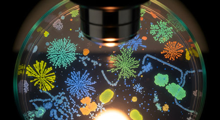 A vibrant view of a petri dish under a microscope, revealing a diverse collection of colorful microbial colonies. The bacteria and fungi have grown into various shapes and sizes in shades of yellow, blue, green, and orange against a dark background. This image illustrates microbiology, scientific research, and the unseen world of microorganisms.の素材