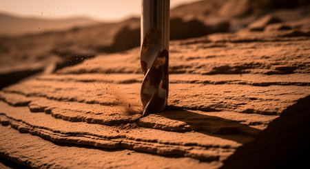 A macro shot of a drill bit boring into a layered, reddish-brown rock, sending up small particles of dust. The scene suggests geological sample collection during a space exploration mission, possibly on the planet Mars.の素材
