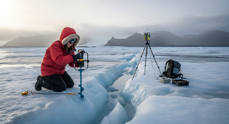 A female scientist in a red winter parka kneels on a vast glacier, operating an ice drill to extract a core sample from a crevasse. In the background, scientific equipment on a tripod stands ready, with misty mountains in the distance, depicting climate change research in a remote polar environment.の素材