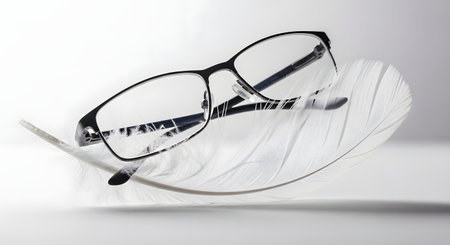 A pair of modern, black-framed eyeglasses rests gently on a soft white feather, creating a minimalist composition against a light background. The image powerfully conveys concepts of lightweight design, comfort, gentleness, and clarity.の素材