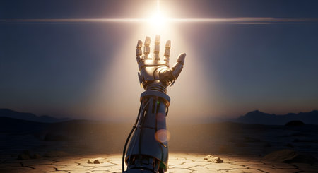 A metallic robotic arm reaches toward a bright, hopeful light source in a desolate, cracked-earth landscape. The highly symbolic and cinematic image represents the dawn of artificial intelligence, hope, or a new beginning in a post-apocalyptic world.の素材