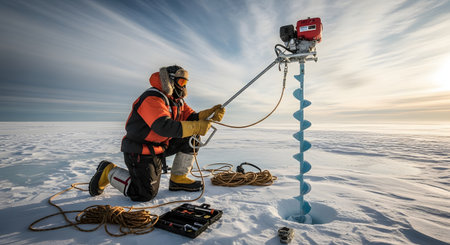 A scientist dressed in full arctic expedition gear kneels on a vast, windswept ice sheet while operating a motorized ice auger to drill for core samples. The scene represents climate research, scientific exploration, and fieldwork in extreme polar environments.の素材