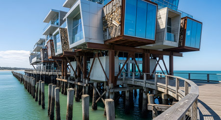 The unique, contemporary architecture of the building on the Lorne Pier in Victoria, Australia, stands over the ocean on massive pilings. This landmark features a striking design of glass, concrete, and wood, accessed by a long wooden boardwalk on a clear sunny day.の素材
