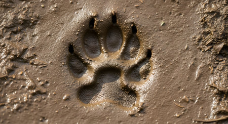 A close-up, top-down view of a perfect canine paw print deeply impressed in soft, wet mud. The clear detail of the pads and claws provides evidence of an animal's trail, representing nature, wildlife tracking, and the outdoors.の素材