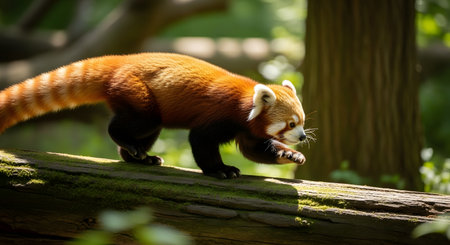 A beautiful red panda with its distinctive striped tail walks gracefully along a moss-covered log in a sunlit forest. The animal is captured mid-stride, showcasing its natural agility and behavior in a lush, green woodland habitat.の素材
