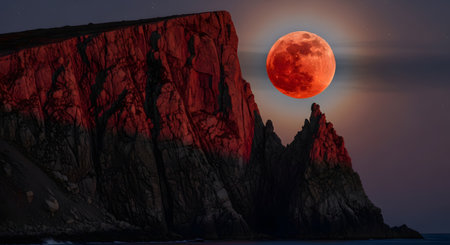 A surreal and dramatic landscape features a massive red blood moon rising behind the jagged peaks of a coastal cliff at twilight. The red light from the moon illuminates the rock face, creating a powerful, mystical, and almost fantasy-like scene.の素材