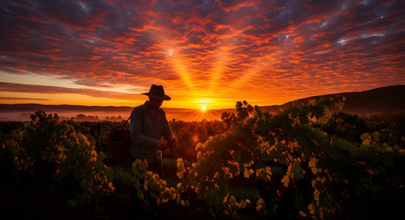 A farmer wearing a hat harvests grapes in a vineyard during a spectacular sunrise. The sky is filled with vibrant orange and red clouds, and the rising sun creates a starburst effect, symbolizing a new day and the hard work of agriculture.の素材