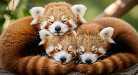Three incredibly cute red pandas are snuggled closely together in a furry pile, all sleeping peacefully with their eyes closed. Their striped tails are curled around them, creating an overwhelmingly adorable scene of togetherness and comfort in a natural setting.の素材