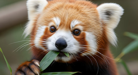 A charming close-up portrait of an adorable red panda looking directly at the camera. The furry mammal is holding a green leaf in its paw and nibbling on it, showcasing its gentle nature and characteristic markings.の素材