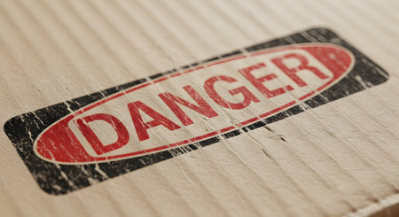 A macro photograph shows a worn, red and black 'DANGER' warning label printed on the textured surface of a cardboard box. The angled perspective and shallow depth of field emphasize the message of caution, hazard, and risk.の素材