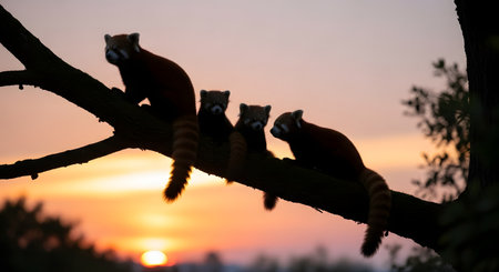 The silhouettes of a red panda family are perched on a tree branch, beautifully outlined against the warm colors of a setting sun. This serene and heartwarming image captures a tranquil moment in nature and the loving bond of animal families.の素材