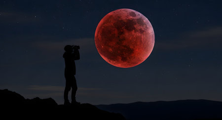 A silhouette of a person stands on a hilltop at night, using binoculars to gaze at a giant, detailed red blood moon in a starry sky. This image captures the wonder of astronomy, stargazing, and celestial events.の素材