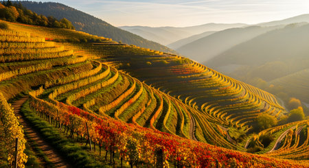 A breathtaking landscape of steeply terraced vineyards during autumn, illuminated by the warm, golden light of sunrise. The rows of grapevines, in vibrant hues of yellow, orange, and red, create stunning, curved patterns along the hills.の素材
