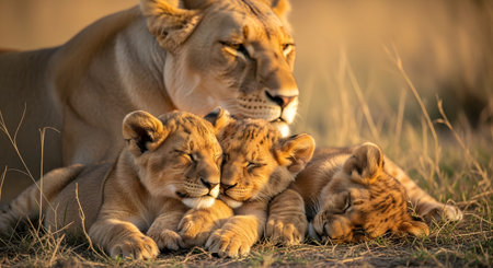 A protective lioness watches over her three adorable cubs as they sleep soundly, snuggled together in the warm, golden light of the African savanna. This heartwarming image captures a tender moment of family, love, and maternal care in the wild.の素材