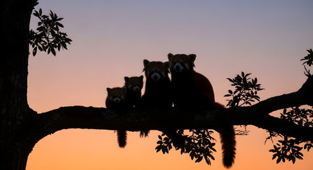 The silhouette of a red panda family, including an adult and three small cubs, is perched on a tree branch against a beautiful sunset. The sky transitions from a warm orange to a soft purple, creating a serene and heartwarming wildlife scene. This image symbolizes family, togetherness, and the quiet moments in nature.の素材