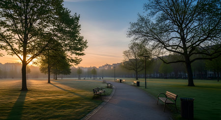 The rising sun casts long, beautiful shadows across a tranquil and empty city park at dawn. A winding path with benches invites a peaceful morning stroll, with the city skyline visible in the hazy distance.の素材