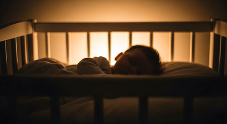 A newborn baby sleeps soundly in a crib in a dimly lit room, silhouetted by a soft, warm backlight. The tranquil scene evokes feelings of peace, safety, and the quiet innocence of infancy.の素材