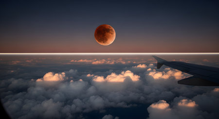 A spectacular view from an airplane window captures a total lunar eclipse, also known as a blood moon, glowing red above a blanket of clouds at twilight. This rare astronomical phenomenon seen during a flight evokes a sense of wonder, travel, and cosmic beauty.の素材