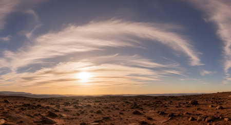 A stunning panoramic view captures the sunset over the vast, rocky desert of Mars. The arid red landscape stretches to the horizon under a wide sky filled with wispy, glowing clouds, evoking a sense of alien beauty and space exploration.の素材