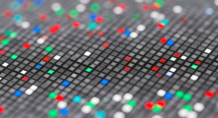 A close-up, macro photograph of an electronic display, showing the grid of individual red, green, blue, and white pixels. The shallow depth of field creates an abstract technological background representing digital media and modern screen technology.の素材