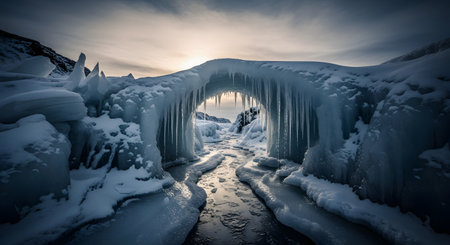 A breathtaking winter scene showcases a majestic arch formed entirely of snow and ice, with long icicles hanging down like a curtain. A frozen path leads through the arch towards the soft light of a low sun, creating a magical and adventurous atmosphere.の素材