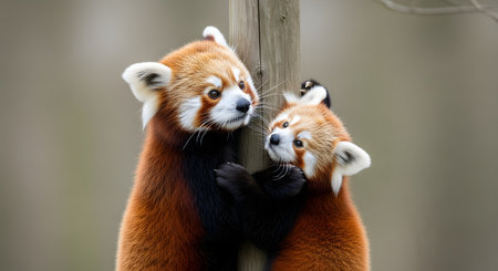 A heartwarming moment between a mother red panda and her small cub, who is clinging to a wooden post and looking up at her. The mother looks down with a gentle expression, showcasing parental care, love, and the strong bond between a parent and child in the animal world.の素材