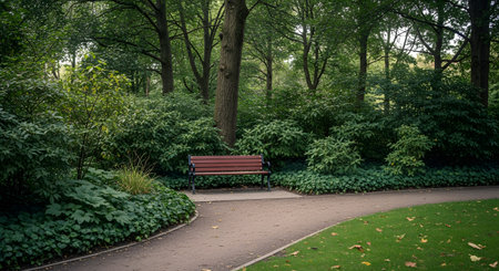 An empty wooden bench sits peacefully beside a curving gravel path in a lush, green park. The scene is surrounded by dense bushes, ivy, and tall trees, creating a secluded and tranquil atmosphere. This image evokes feelings of solitude, peace, and contemplation in nature.の素材