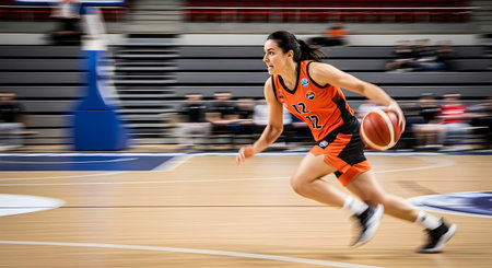 A dynamic action shot of a female basketball player in an orange and black uniform dribbling the ball down the court. The motion blur in the background emphasizes her speed and focus during the competitive game.の素材
