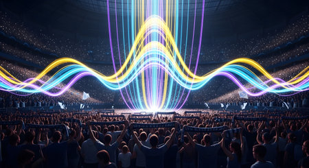 An epic scene of a massive, cheering crowd in a packed stadium at night, with their hands and scarves in the air. Huge, vibrant waves of colorful light and energy erupt from the center stage or field, flowing over the audience. This image represents the excitement of live events, concerts, festivals, or major sporting championships.の素材