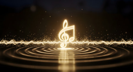 A single, glowing golden musical note levitates above a dark surface, creating concentric ripples as if it were a drop of water. The scene is accented by golden particles and a sound wave, symbolizing the power, beauty, and resonance of music. The image has a magical and elegant feel.の素材