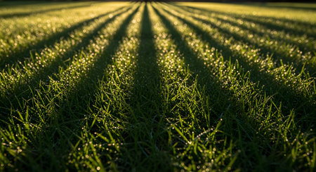 A close-up view of a lush green lawn covered in morning dew, with long, dramatic shadows cast by the rising sun. The sparkling water droplets and strong lines create a beautiful, fresh, and peaceful natural pattern.の素材