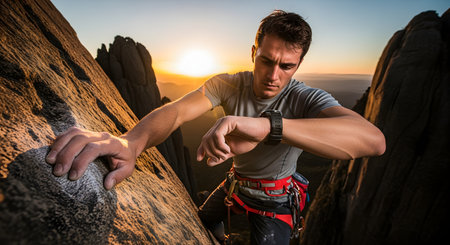 A focused male rock climber clings to a steep cliff face, checking the time on his sports watch. The warm glow of the setting sun illuminates the mountainous landscape in the background, conveying a sense of adventure, determination, and challenge.の素材