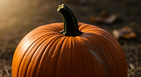 A close-up shot of a vibrant orange pumpkin resting on the ground, bathed in the warm, golden light of late afternoon. The focus is on its textured skin and sturdy green stem, evoking feelings of autumn, harvest time, and Halloween.の素材
