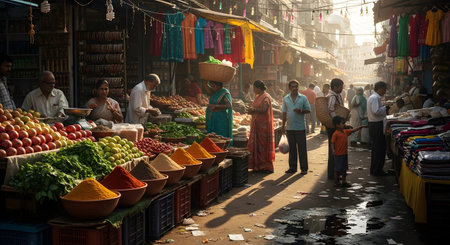 A vibrant and bustling street market in India, filled with people shopping at various stalls under the warm sun. In the foreground, colorful piles of spices, fresh tomatoes, and other produce are on display, capturing the lively atmosphere of daily commerce and local culture.の素材