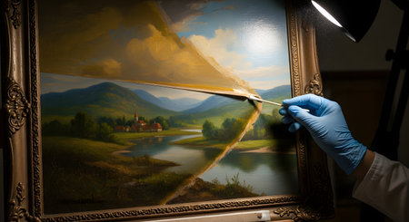 An art conservator's gloved hand delicately cleans an old, darkened oil painting with a cotton swab. The cleaning process reveals the original vibrant colors of the landscape underneath a yellowed layer of varnish, showing a dramatic before-and-after contrast. This image represents art restoration, conservation, preservation, and the meticulous care of historical artifacts.の素材