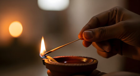 A close-up of a person's hand lighting a traditional clay oil lamp, known as a diya, with a matchstick. The warm flame illuminates the scene against a soft, dark background with bokeh lights, evoking a sense of peace, prayer, and festivity. This is a common ritual during Hindu festivals like Diwali.の素材