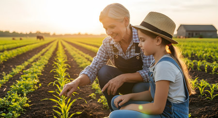 A grandmother teaches her young granddaughter about agriculture in a sunlit field of crops. The older woman points to a young plant, sharing her knowledge and creating a warm moment of family bonding across generations.の素材