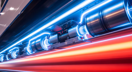 A dynamic long-exposure photograph captures the underside of a futuristic high-speed train in motion. Vivid blue and red light trails streak across the frame, emphasizing incredible speed and advanced technology, possibly representing a maglev or hyperloop concept. This image symbolizes progress, speed, modern transportation, and the future of travel.の素材