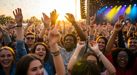 A diverse and joyful crowd of young people dance and cheer with their hands in the air at a sun-drenched outdoor music festival. With confetti falling and stage lights in the distance, the image radiates energy, happiness, and the collective experience of live music.の素材