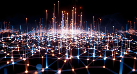 An abstract representation of a vast digital network with interconnected nodes and glowing light trails on a dark background. This image symbolizes concepts like big data, artificial intelligence, internet connectivity, and information technology.の素材